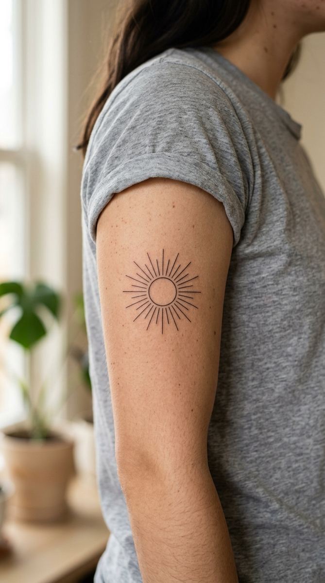 Fine line sun with thin radiating rays tattoo on a woman's upper arm