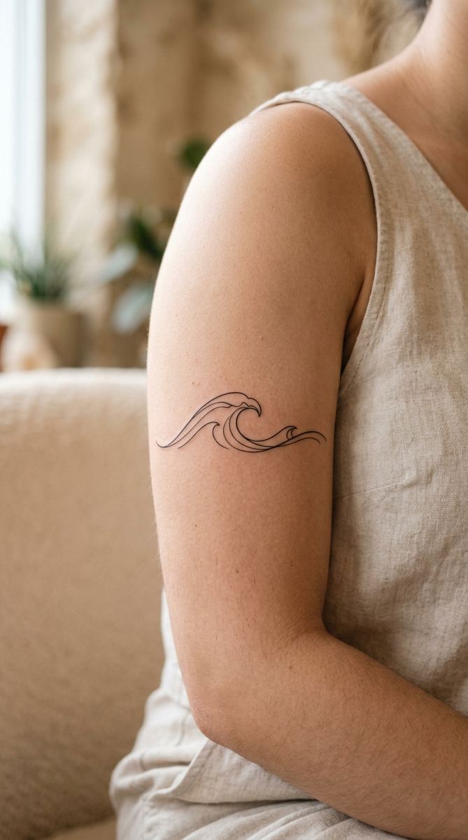 Fine line ocean wave tattoo with thin curved lines on a woman's upper arm