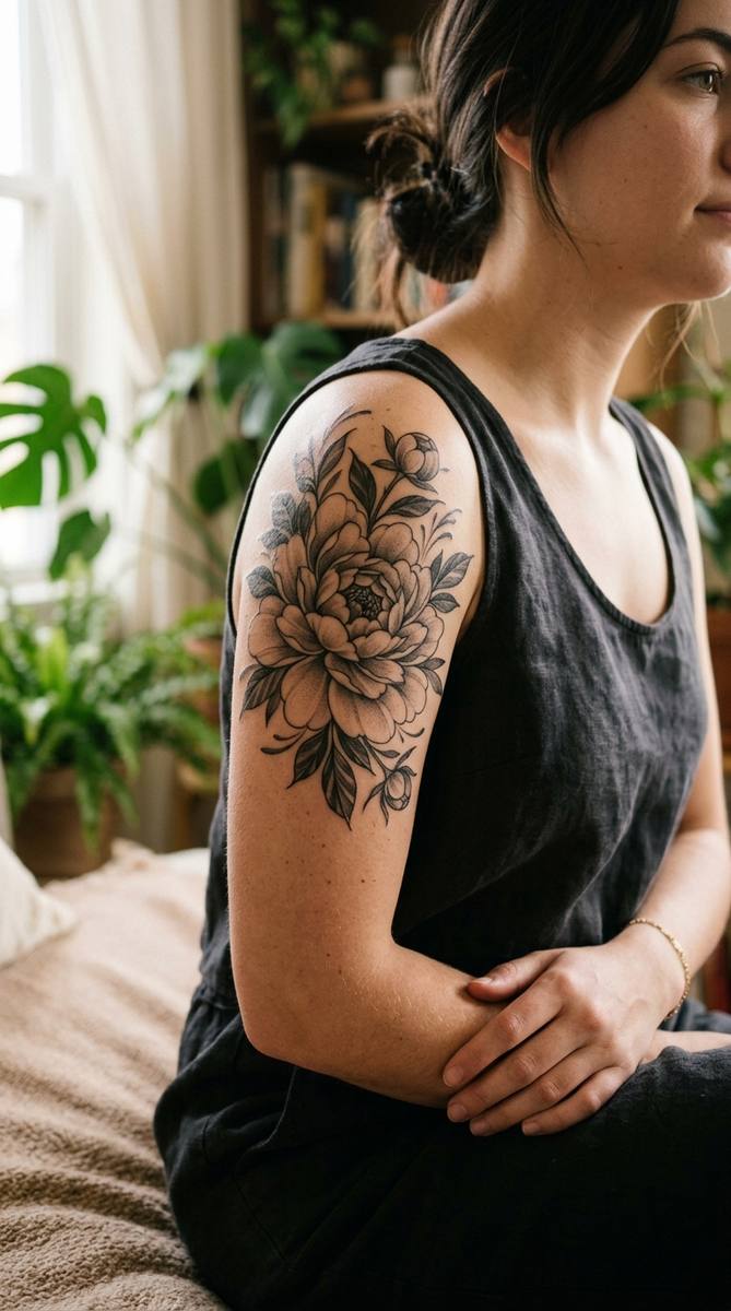 Lush peony bloom tattoo in soft black and grey shading on a woman's upper arm
