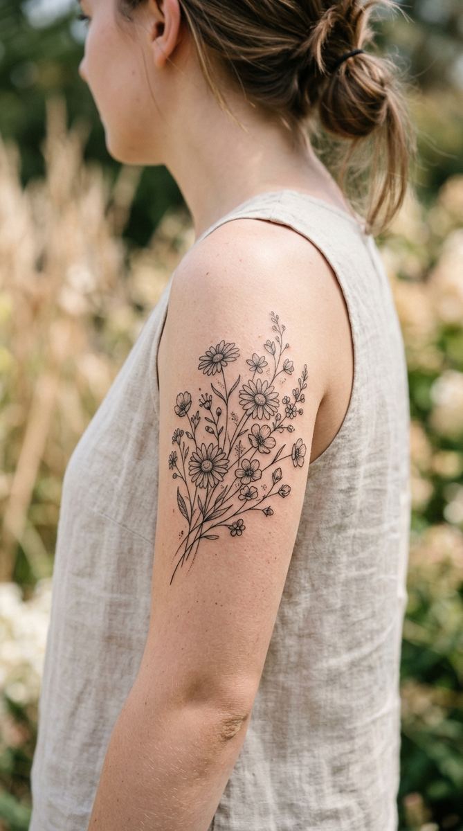 Scattered wildflower bouquet tattoo with daisies and small blooms on a woman's upper arm