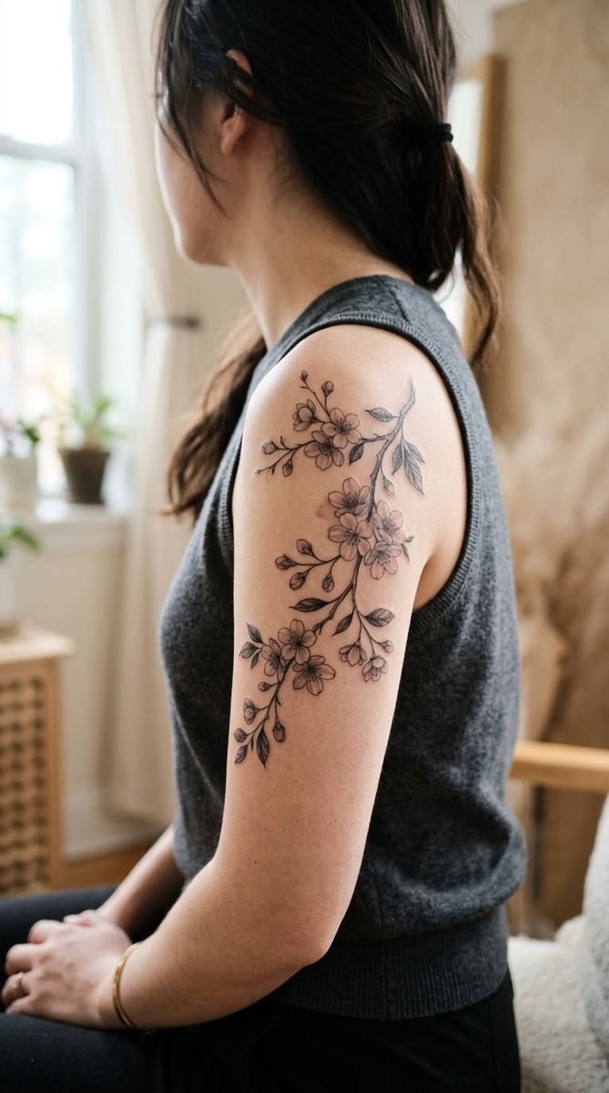 Cherry blossom branch tattoo with delicate pink-grey blossoms on a woman's upper arm