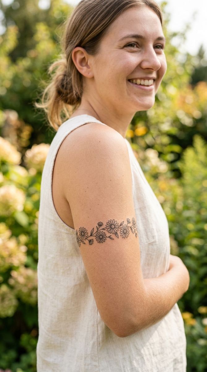 Cheerful daisy chain tattoo circling a woman's upper arm