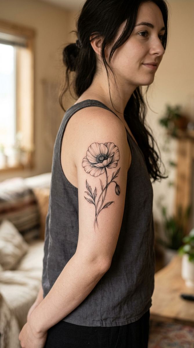 Vibrant poppy flower tattoo with delicate tissue-like petals on a woman's upper arm