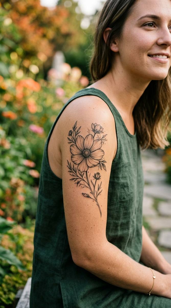 Birth month flower tattoo with a detailed cosmos bloom on a woman's upper arm