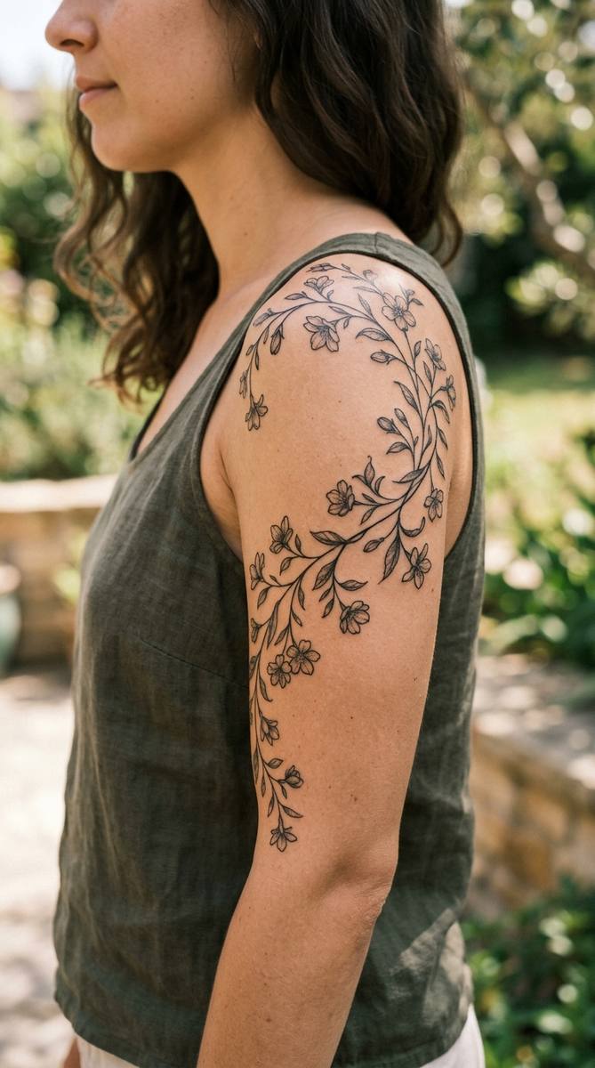 Climbing vine tattoo with small blossoms winding around a woman's upper arm