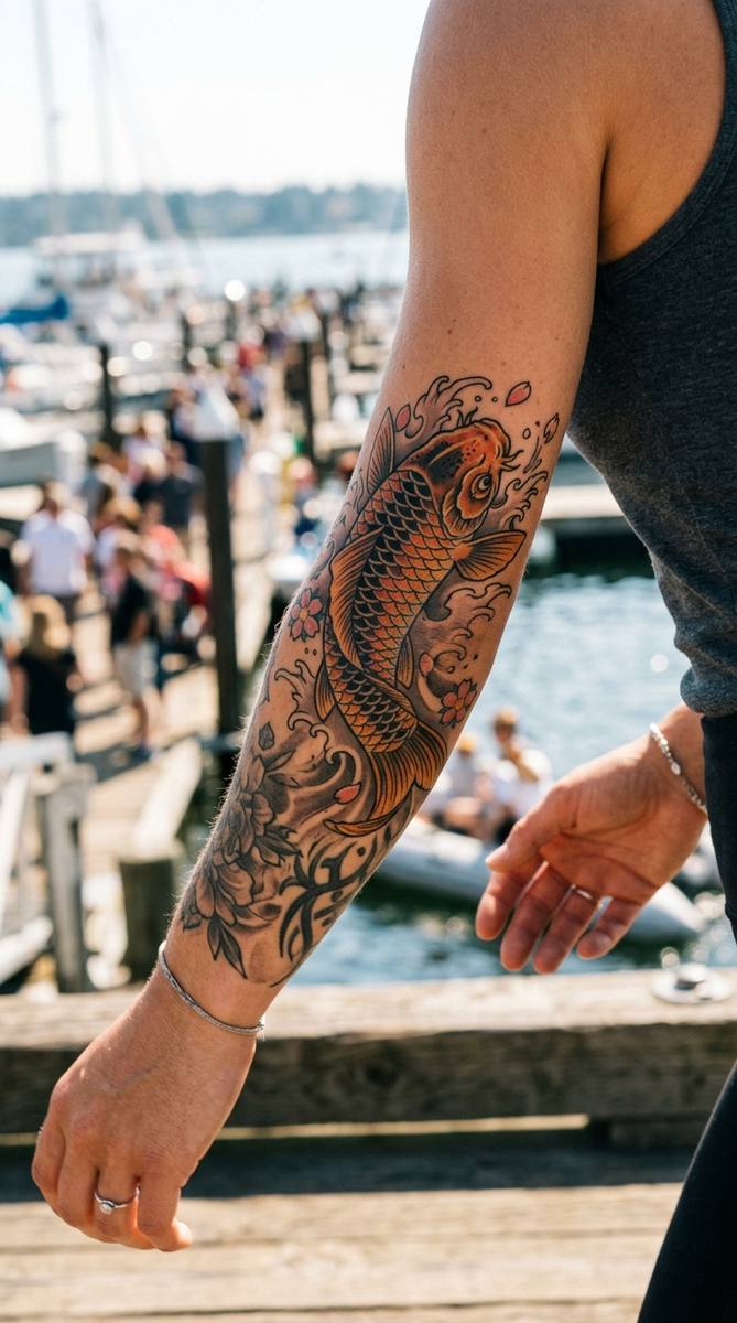 A woman's forearm with a koi fish tattoo swimming upward over an older design.