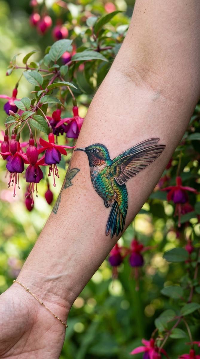 A woman's forearm with a hummingbird tattoo beside fuchsia blossoms covering a small old tattoo.