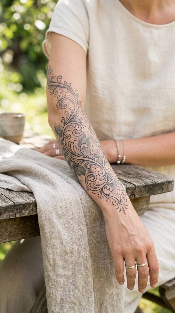 A woman's forearm wrapped in lace-inspired filigree tattoo over an old tattoo.