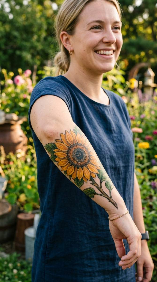 A woman's forearm with a large sunflower tattoo covering an old tattoo.