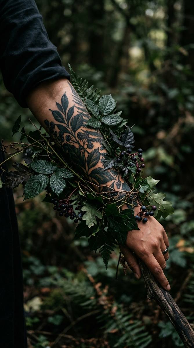 A woman's forearm covered in dark leaves and berries tattoo over an old tattoo.