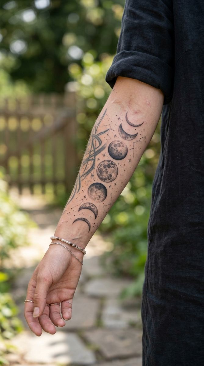 A woman's forearm with moon phases tattoo arcing along the arm over an old tattoo.