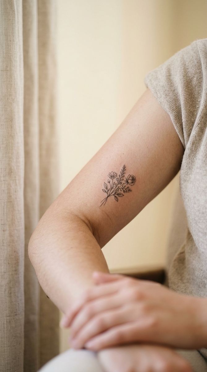 Tiny delicate floral tattoo on a woman's inner upper arm