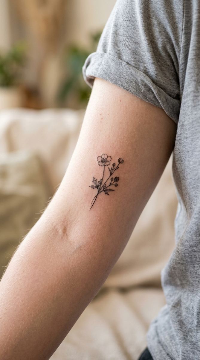 Pressed flower tattoo in fine black linework on a woman's inner upper arm