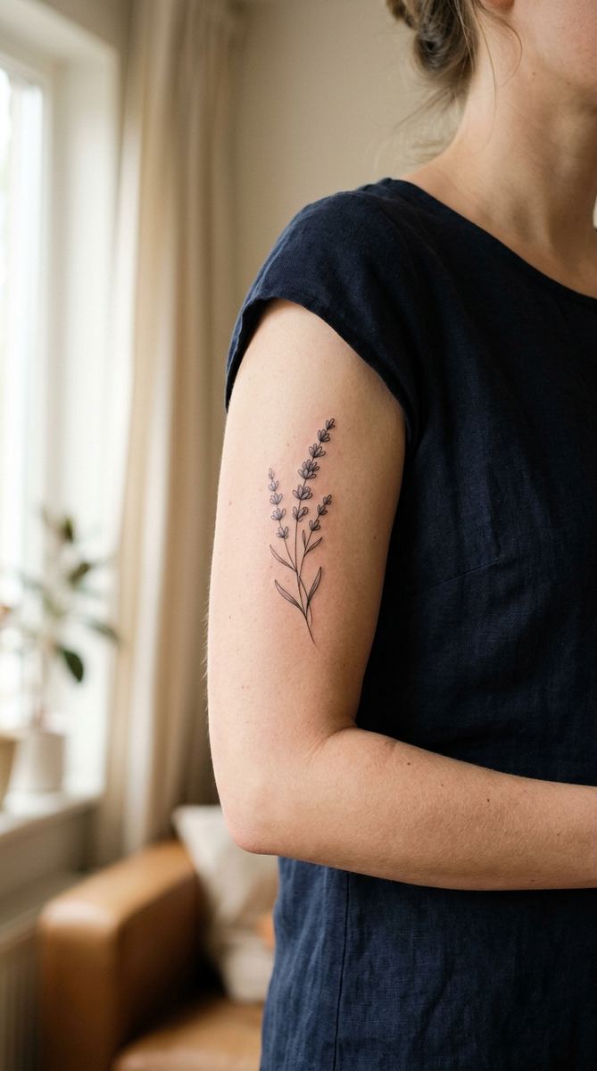 Lavender sprig tattoo on a woman's inner upper arm