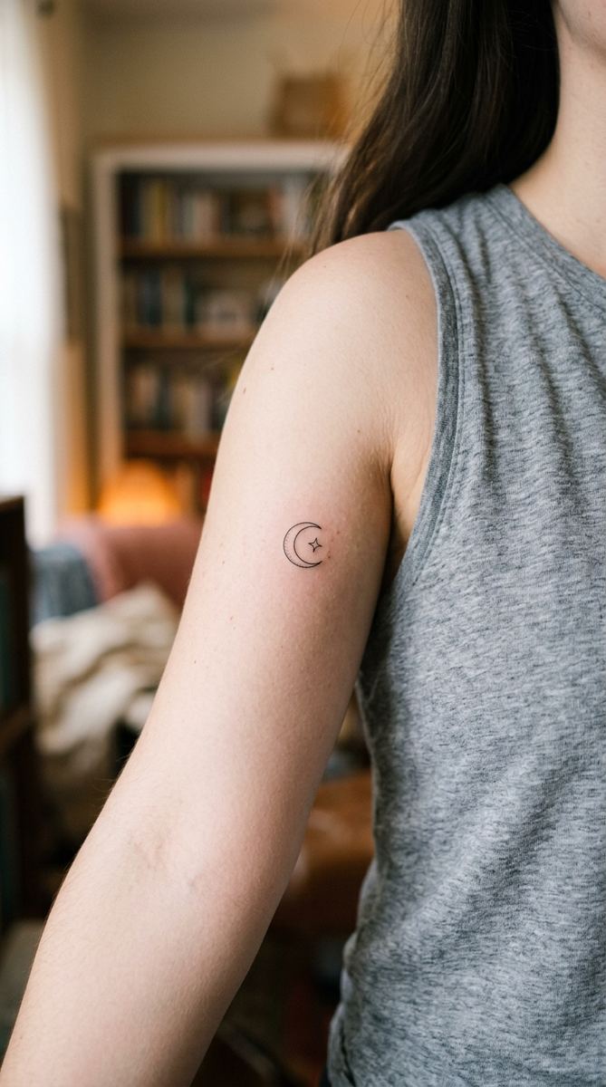 Tiny crescent moon and star tattoo on a woman's inner upper arm