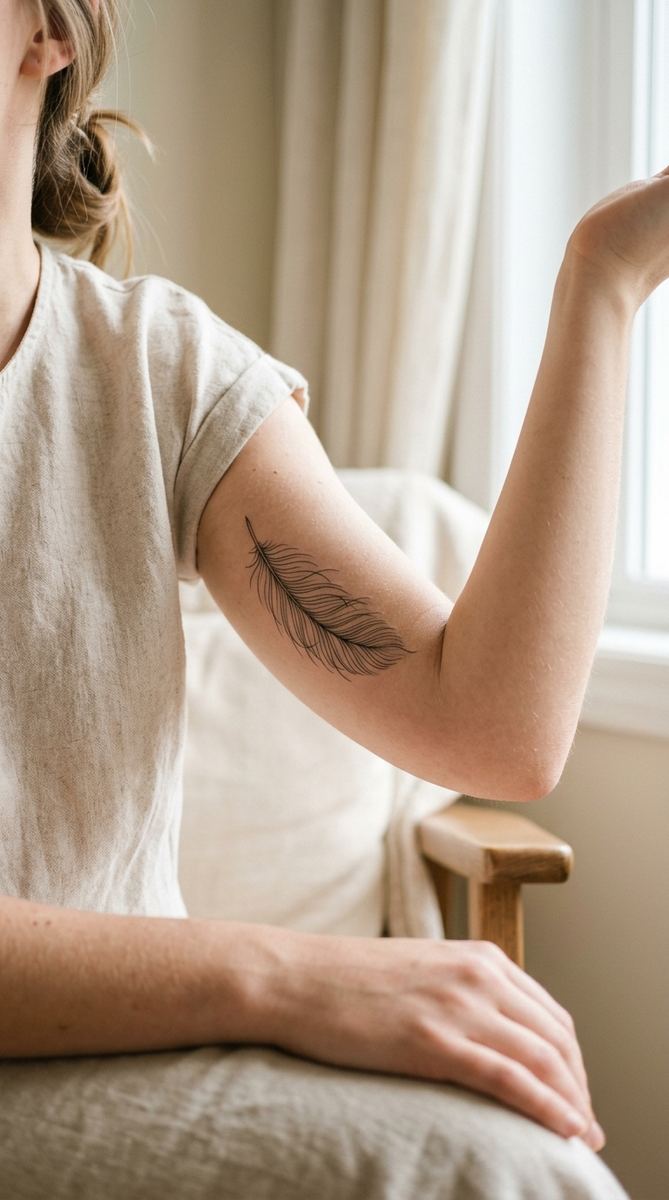 Fine line feather tattoo on a woman's inner upper arm