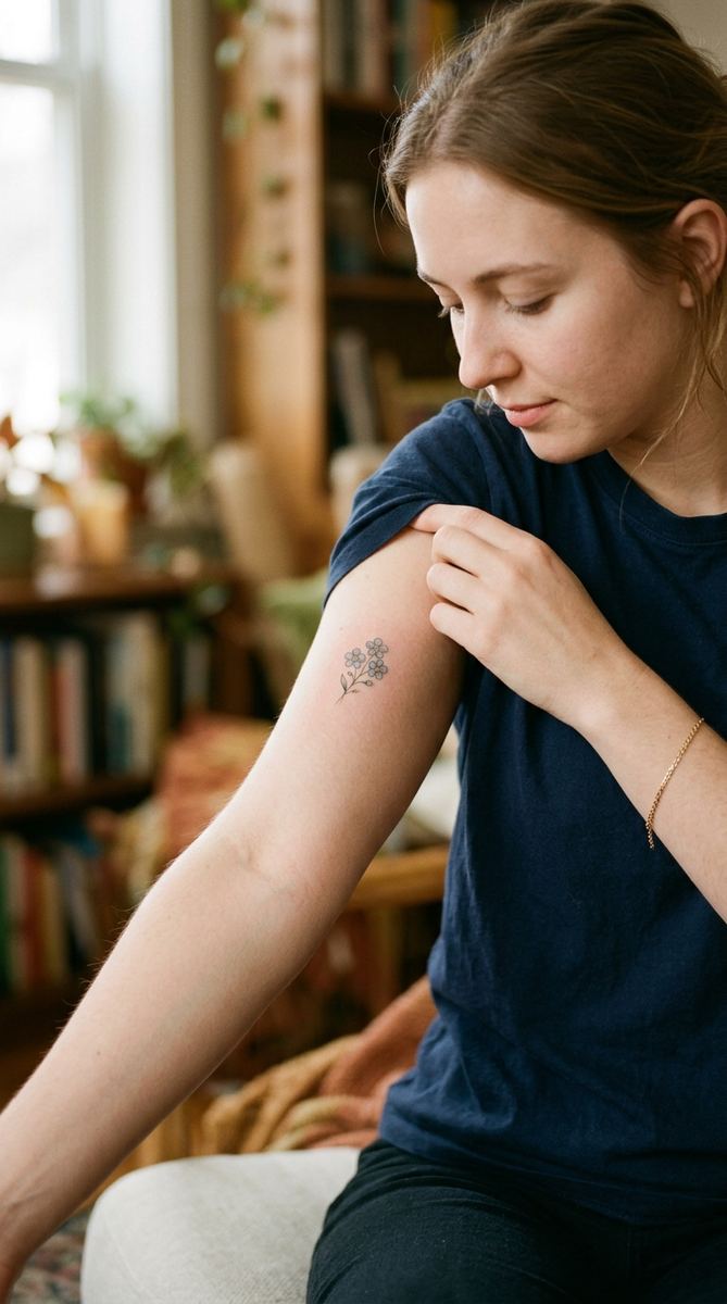 Tiny forget-me-not flower tattoo on a woman's inner upper arm