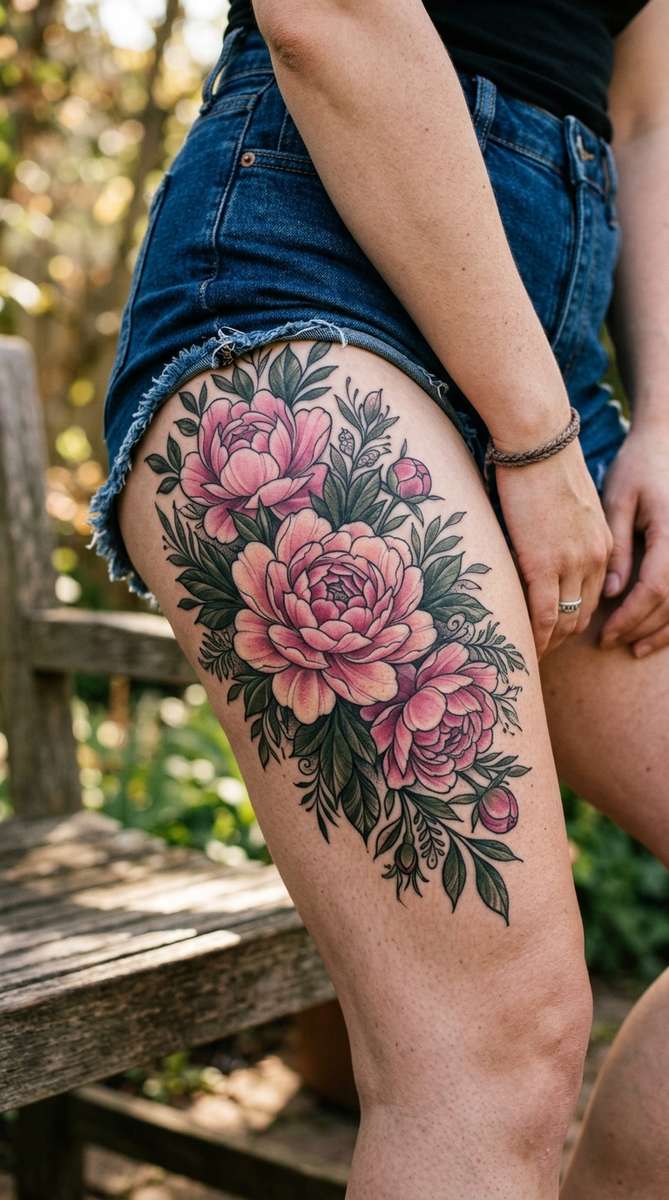 A woman's upper thigh featuring a large cover-up tattoo of blooming pink peonies and dark green leaves with rich shading.