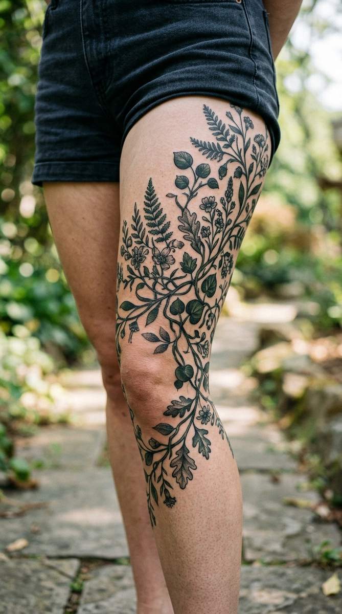 A woman's thigh and knee area covered by a trailing botanical cover-up tattoo of vines, leaves and small wildflowers winding down the leg.