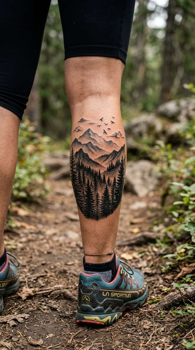 A woman's calf with a blackwork cover-up tattoo of pine trees, misty mountain layers and small flying birds.