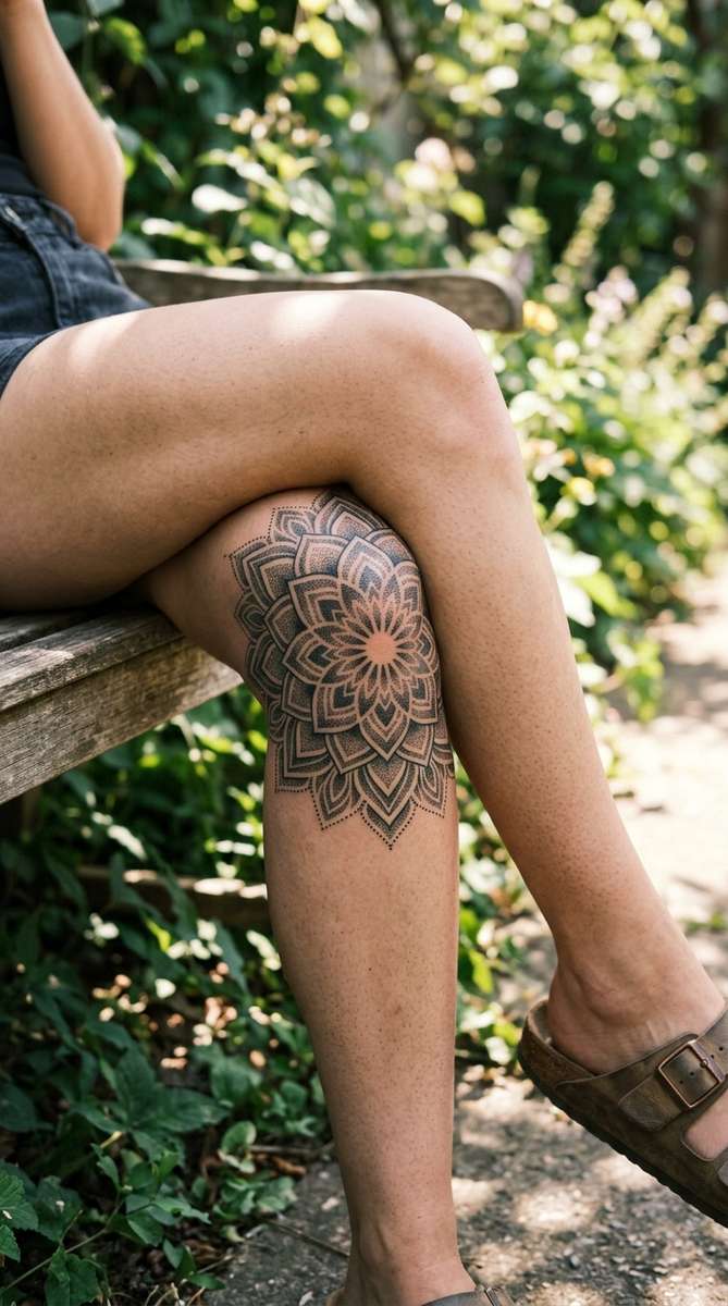 A woman's knee with a symmetrical dotwork mandala cover-up tattoo in black ink, intricate geometric patterns around the kneecap.