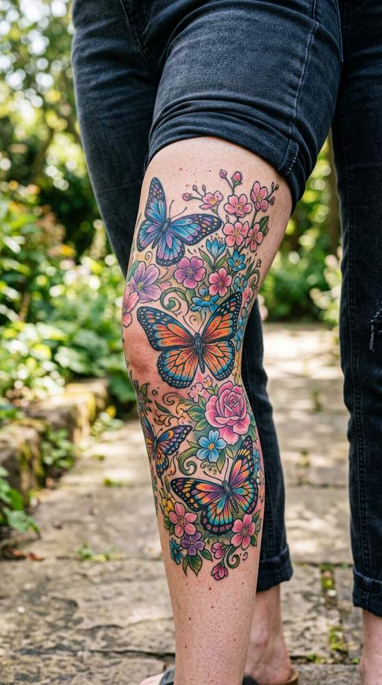A woman's knee area with a colorful cover-up tattoo of butterflies and blossoms, orange blue and purple wings with floral filler.