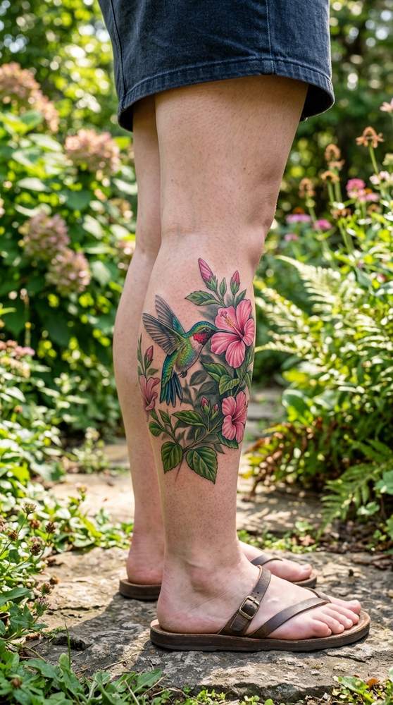 A woman's lower leg with a cover-up tattoo of a hummingbird hovering beside pink hibiscus flowers and green leaves.