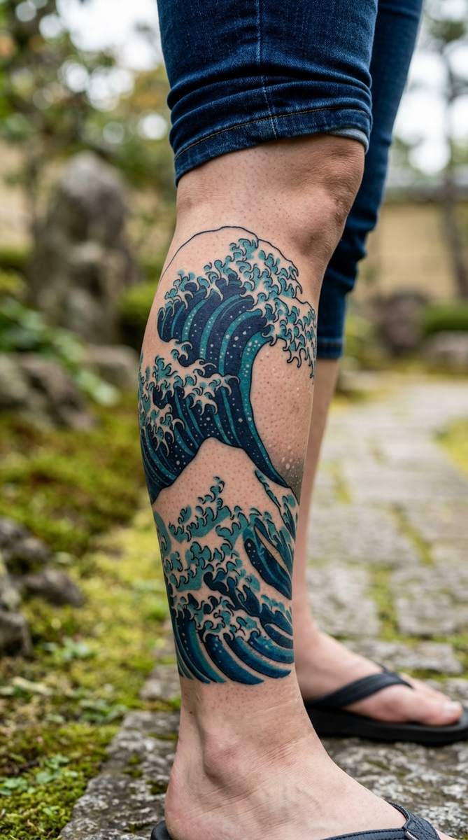 A woman's calf with a Japanese-style wave cover-up tattoo in deep blues and white foam curls.