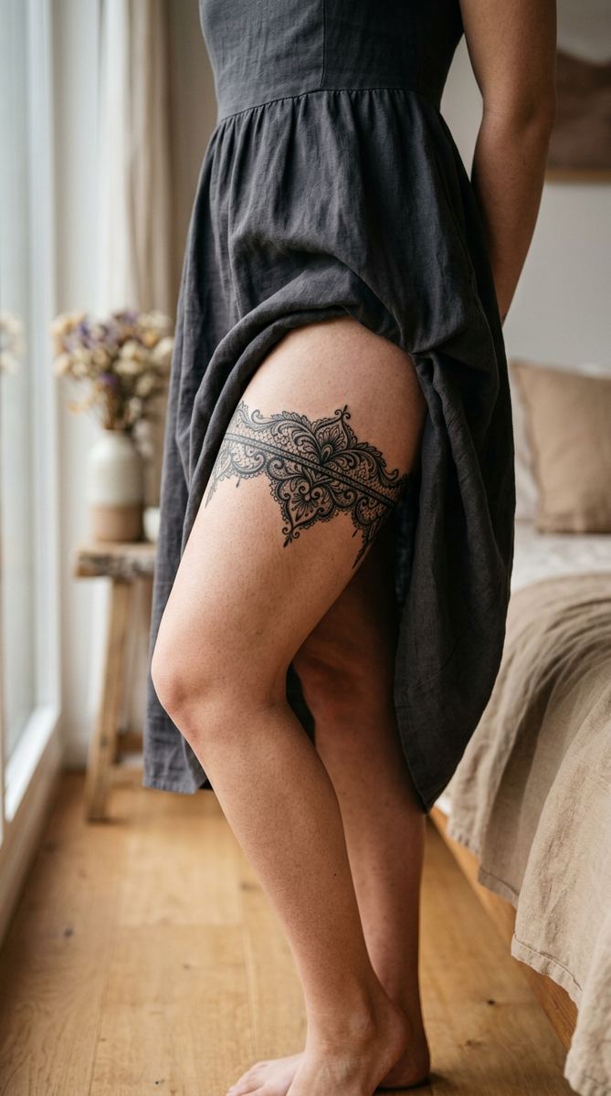 A woman's upper thigh with an ornamental lace garter-style cover-up tattoo band in black ink, delicate filigree patterns.