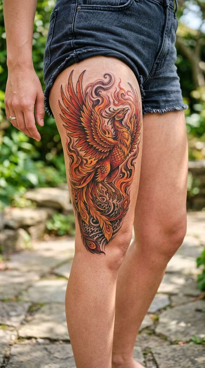 A woman's thigh with a dramatic cover-up tattoo of a phoenix rising in red orange and gold feathers with swirling smoke.