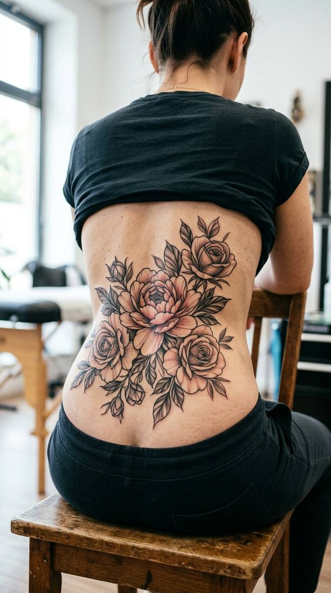 A woman's lower back with a large peony and rose cover-up tattoo in black and gray with soft red accents