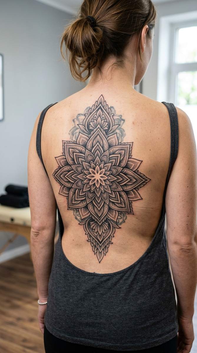 A woman's lower back with a symmetrical black ornamental mandala cover-up tattoo