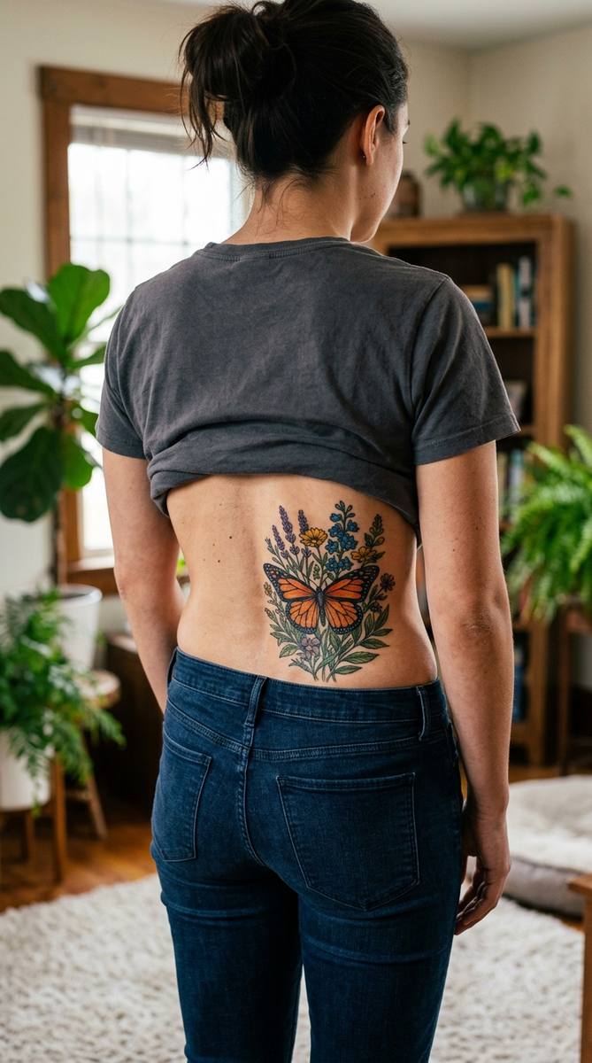 A woman's lower back with a colorful monarch butterfly and wildflower cover-up tattoo