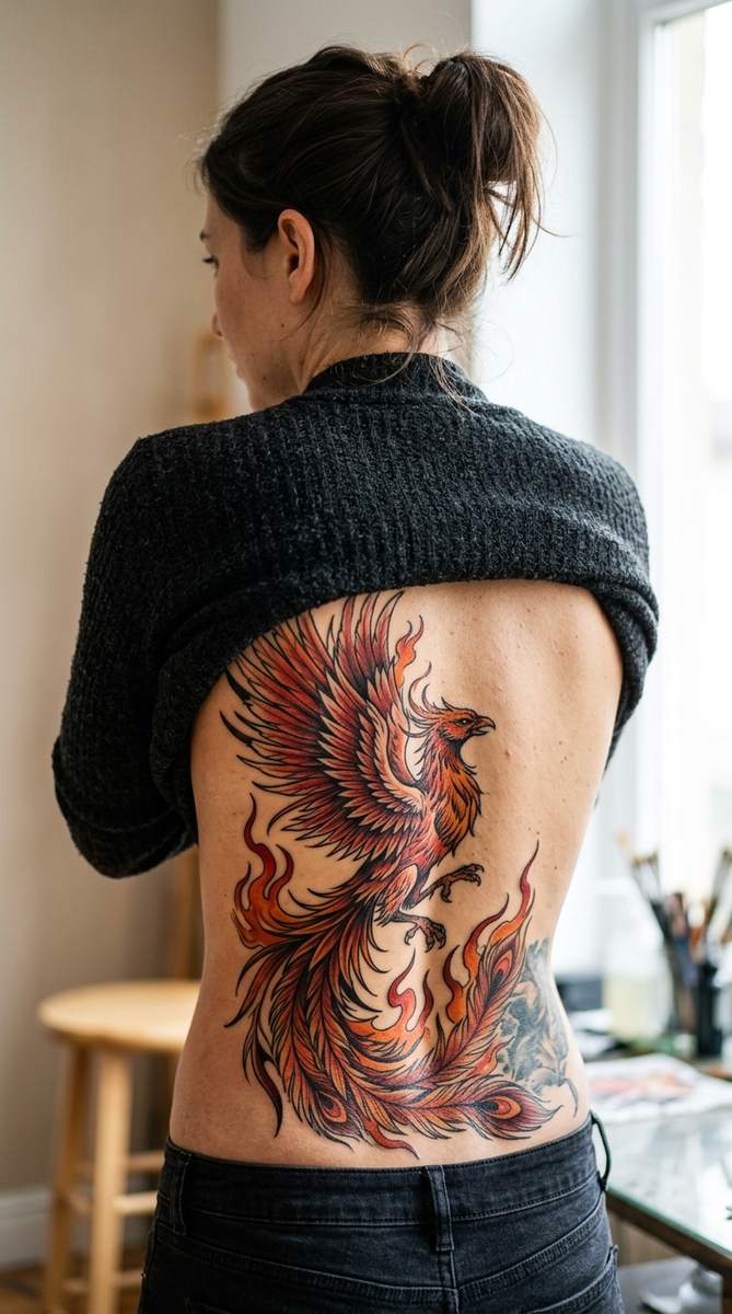 A woman's lower back with a phoenix rising cover-up tattoo in red, orange and black