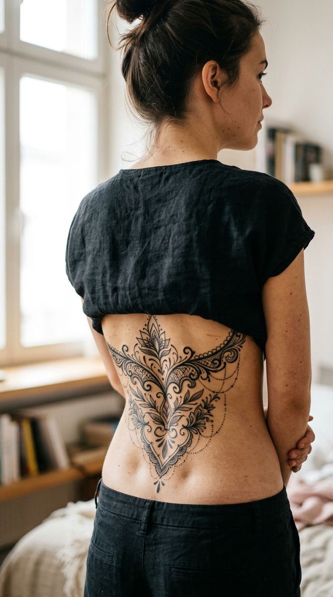 A woman's lower back with an elegant black lace-inspired ornamental cover-up tattoo