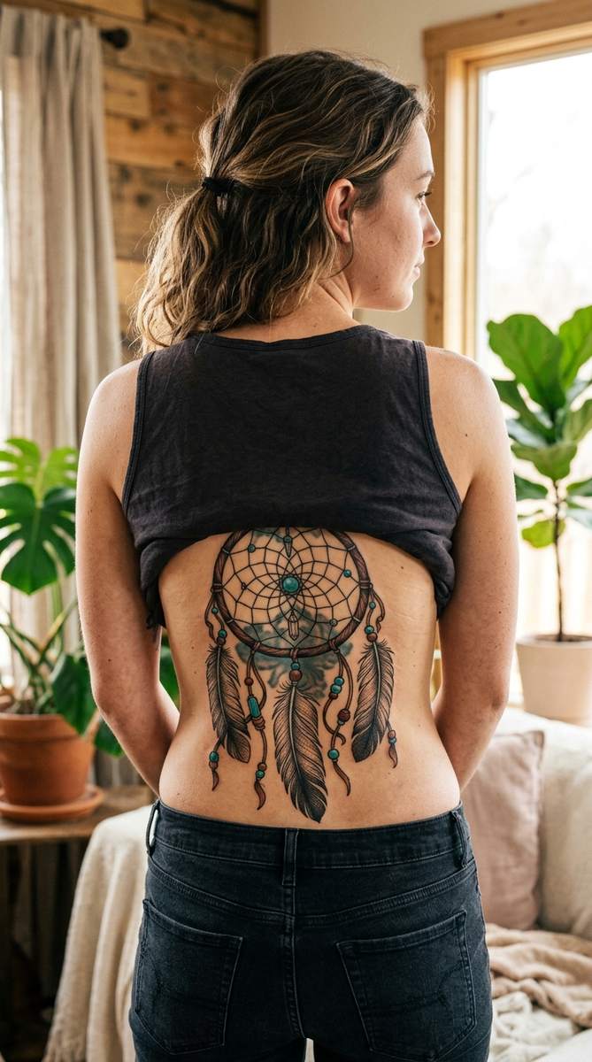 A woman's lower back with a dreamcatcher cover-up tattoo featuring hanging feathers and beads