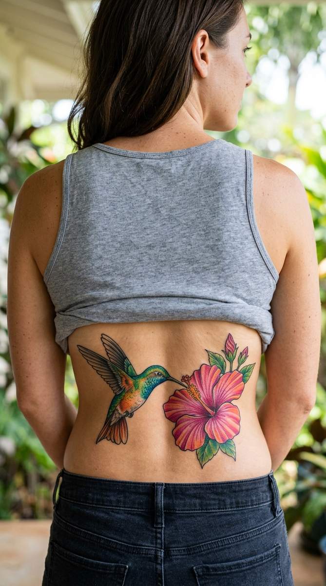 A woman's lower back with a hummingbird and hibiscus flower cover-up tattoo in bright tropical colors