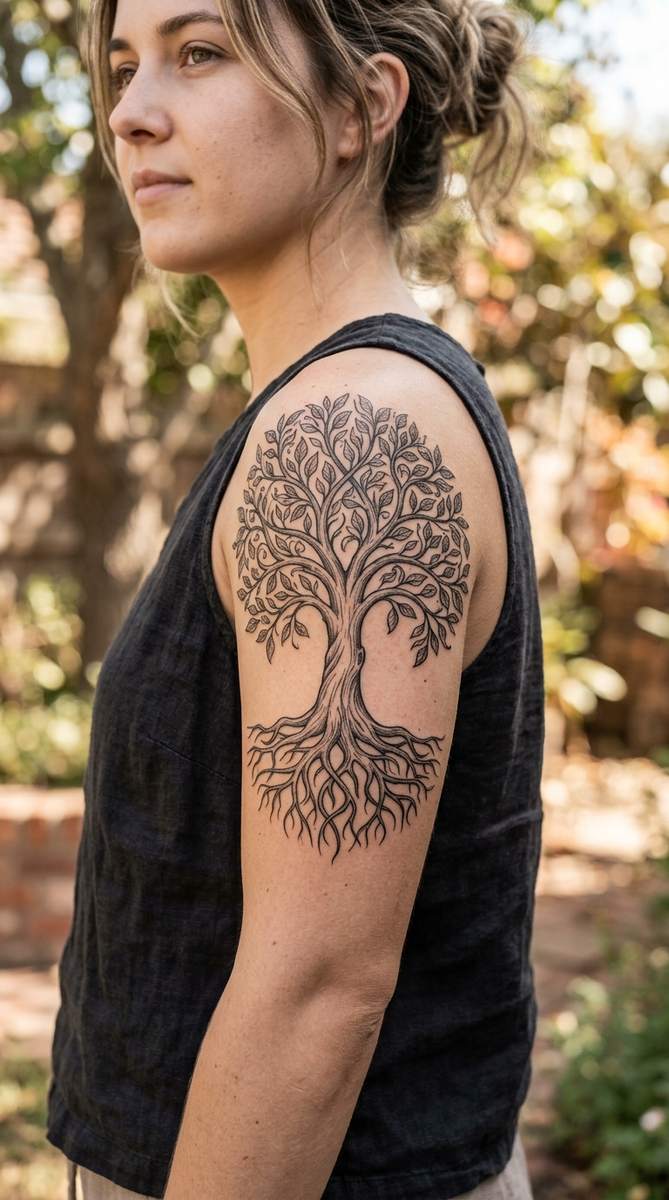 Tree of life upper arm tattoo with branches and roots