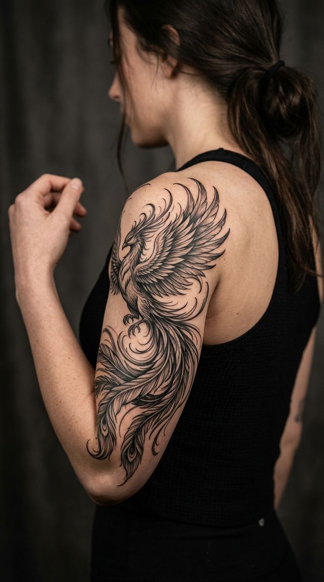 Phoenix rising tattoo on a woman's upper arm