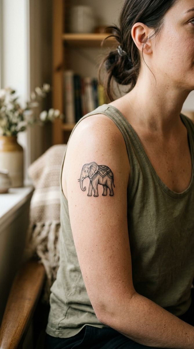 Small elephant tattoo on a woman's upper arm