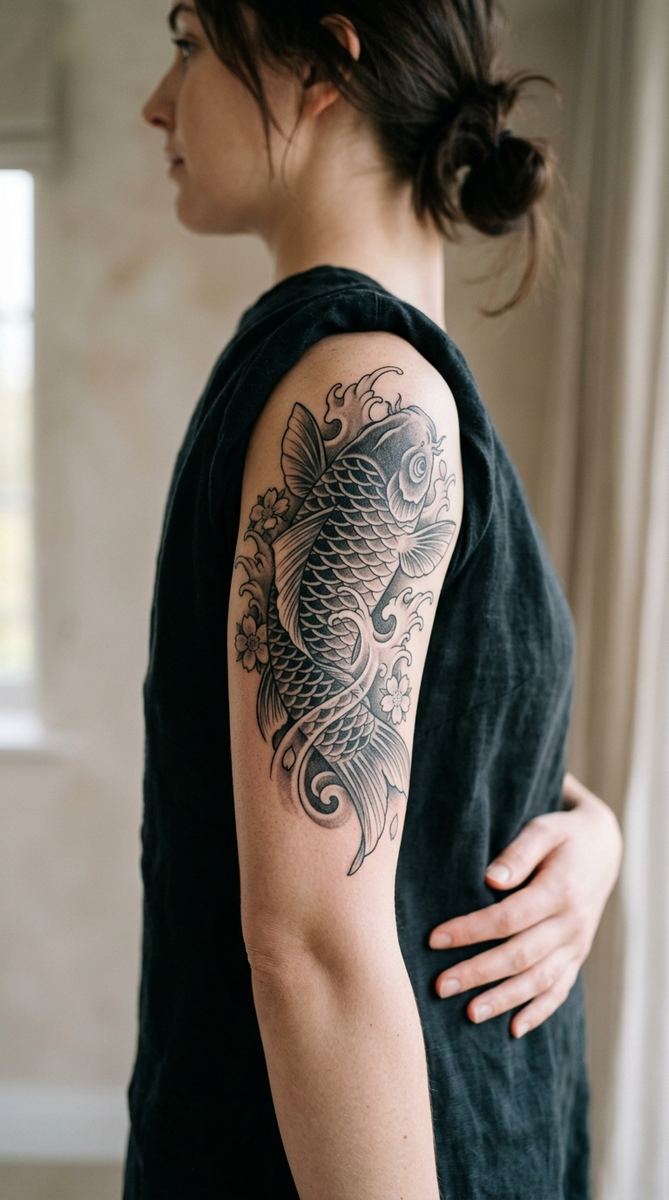 Koi fish tattoo swimming upward on a woman's upper arm