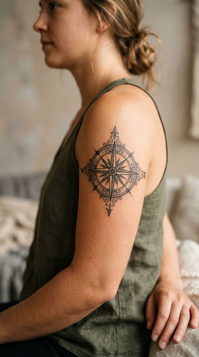 Compass rose tattoo on a woman's upper arm