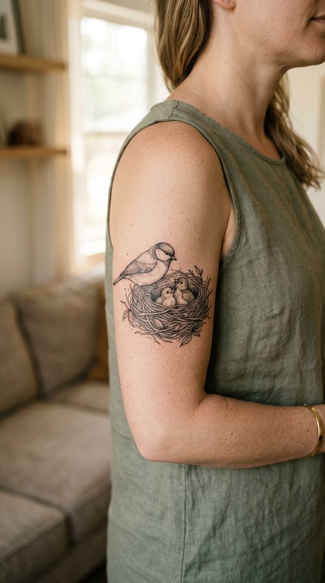 Mother bird and two chicks tattoo on a woman's upper arm