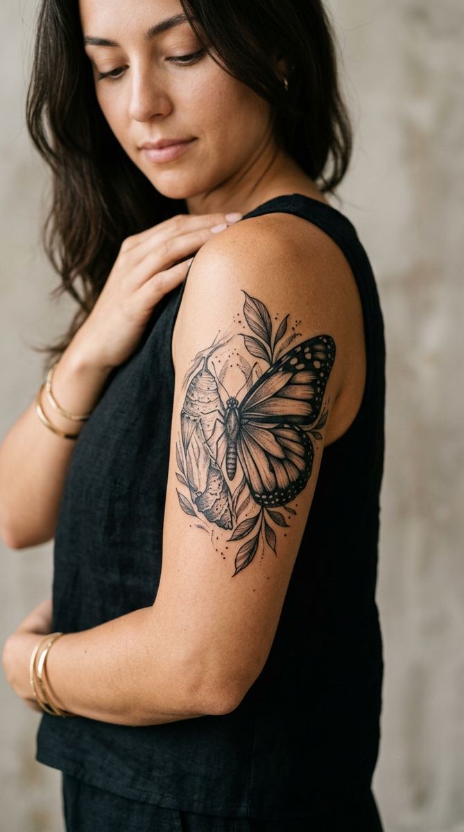 Butterfly emerging from a cocoon tattoo on a woman's upper arm