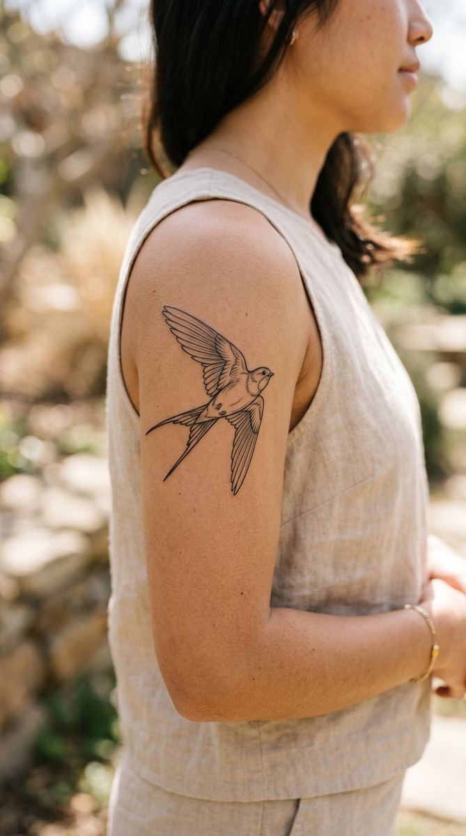 Swallow in flight tattoo on a woman's upper arm