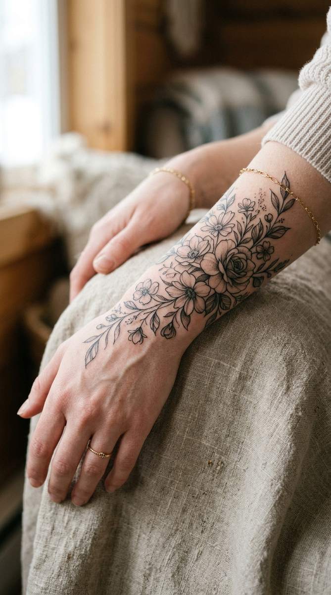 A woman's wrist with a flowing floral tattoo sweeping across the skin where old script lettering once showed.