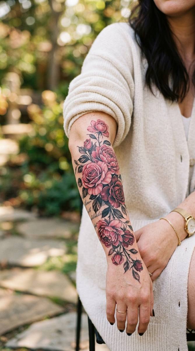 A woman's forearm with a cascading bouquet of roses and peonies flowing over where old name script used to be.