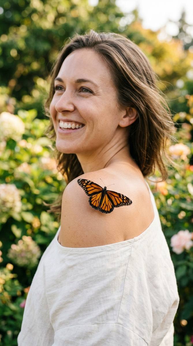 A woman's shoulder with a butterfly tattoo taking flight over the spot where an old name once sat.