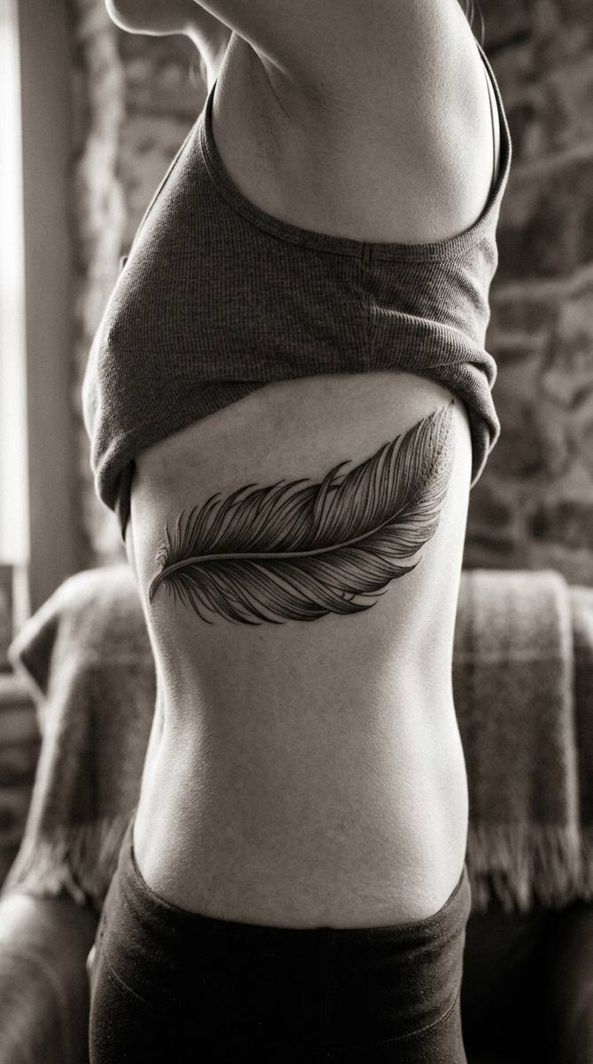 A woman's ribcage with a single large feather tattoo flowing horizontally where old script lettering was.