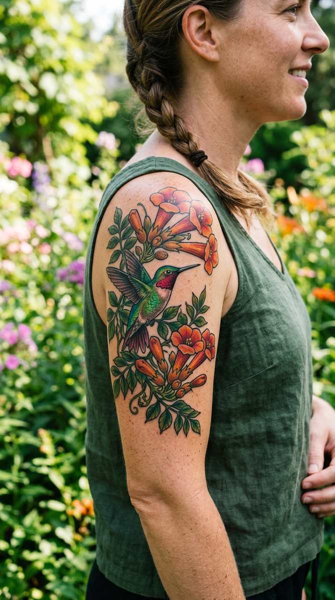 A woman's upper arm with a hummingbird tattoo beside trumpet flowers densely packed over an old name.